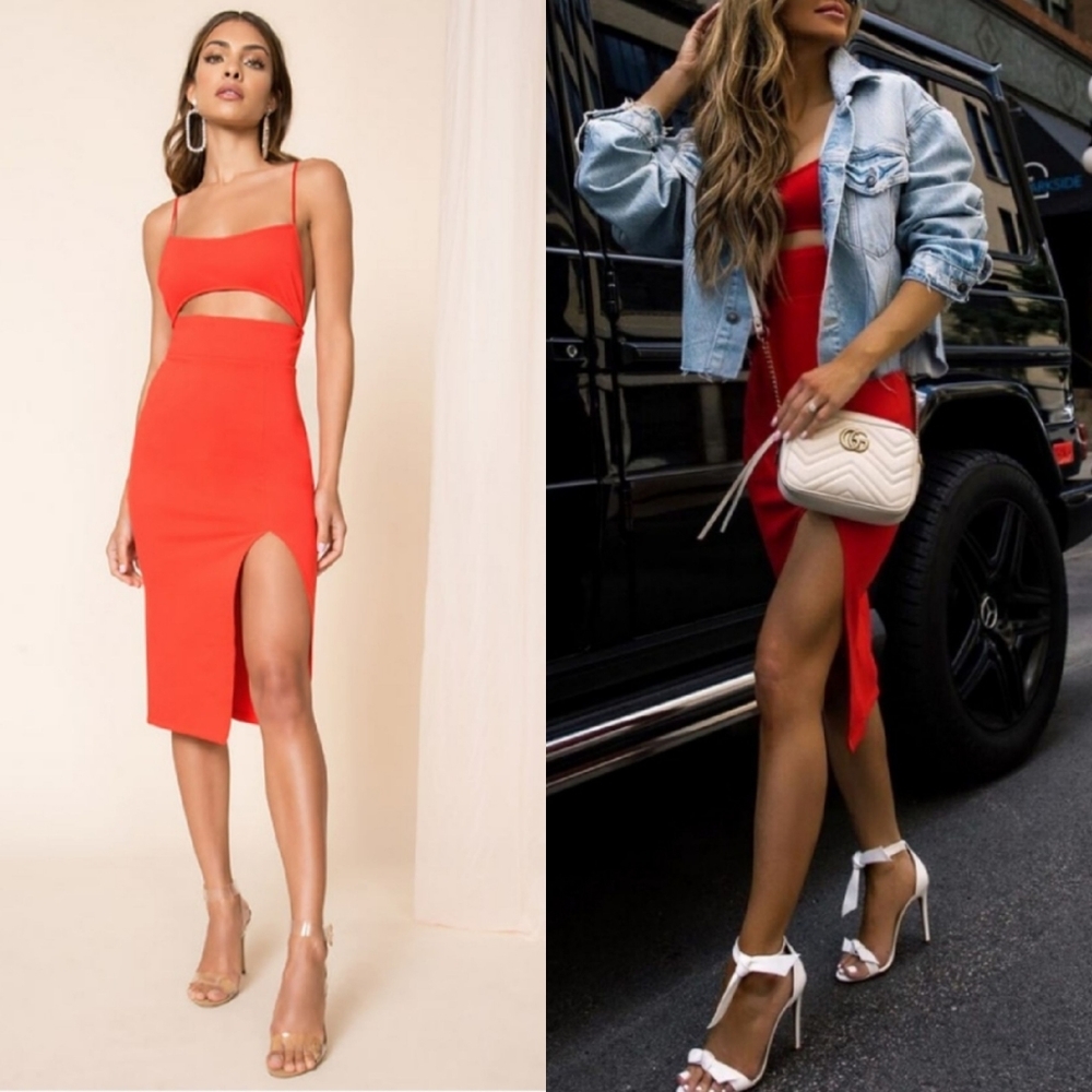 superdown Red Cutout Midi Dress with Thigh Slit